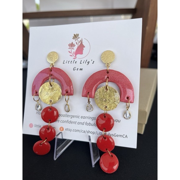 Handmade  Red And gold  Polymer Clay   Dangle Earrings - Picture 2 of 9